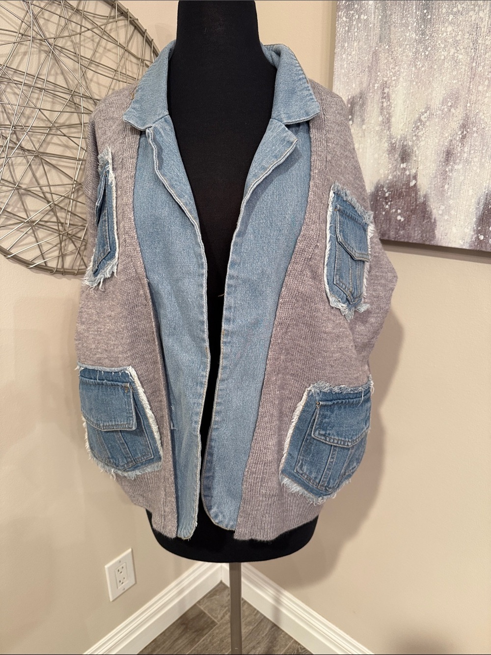 Grey Knit Cardigan with Denim Trim and Patch Pockets one size